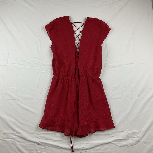 Lovers And Friends Red Lace Up Romper Small Floral Embroidered Ruffle Festival - Picture 5 of 8